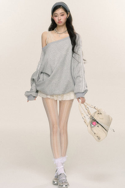 Slanted Shoulder Bow Loose Sweatshirt