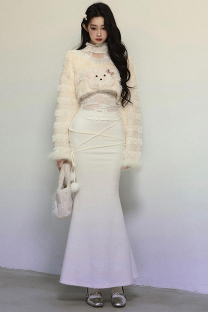 Plush Lace Short Sweater & Fishtail Skirt Set-Up