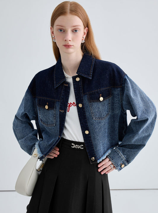 Color-blocked small denim short jacket