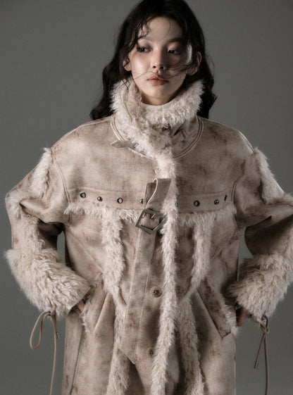 Long lamb fur integrated stitching jacket