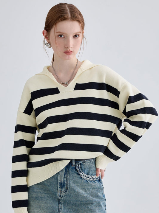 STRIPED KNIT HOODED SWEATER