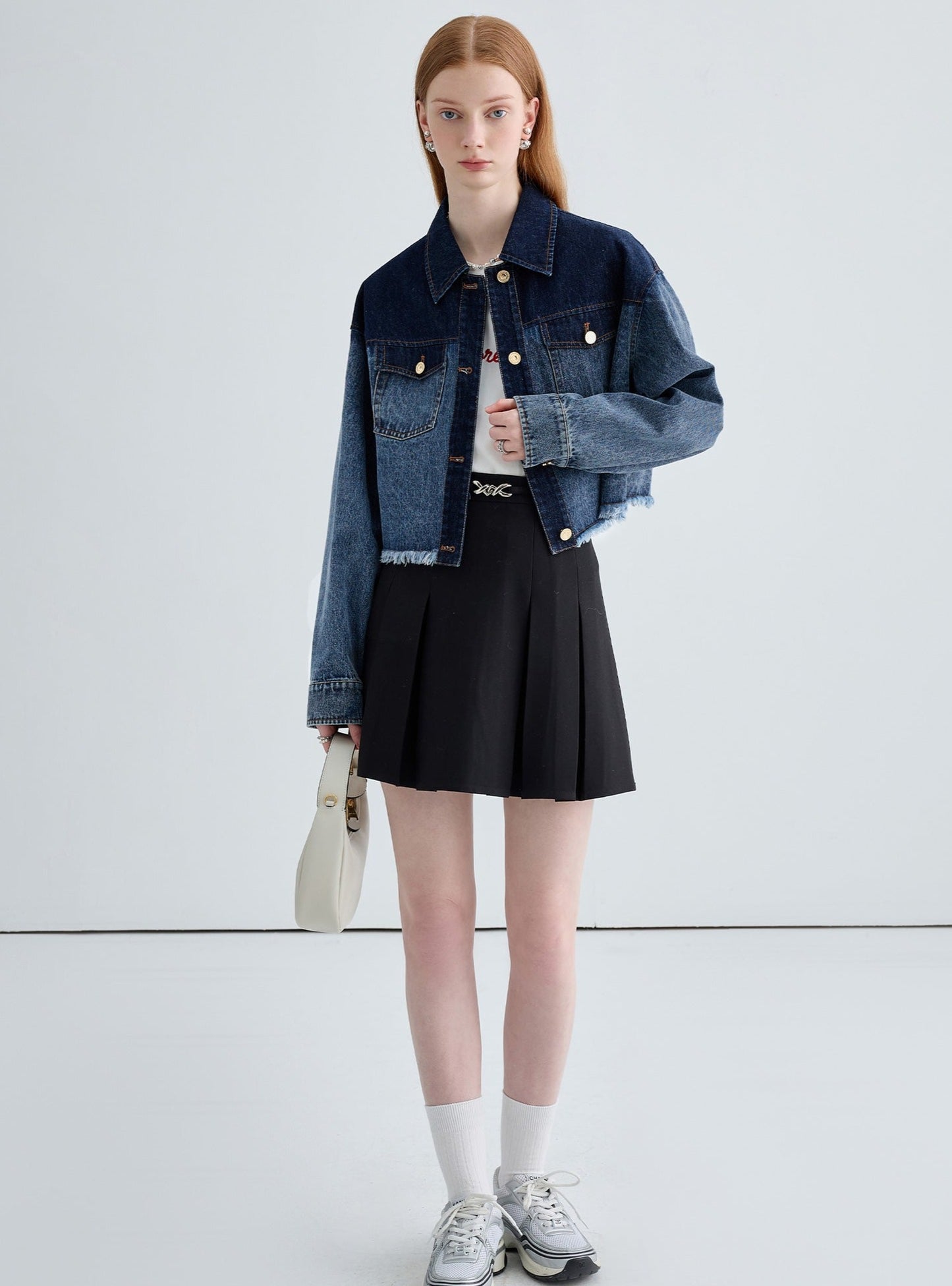 Color-blocked small denim short jacket