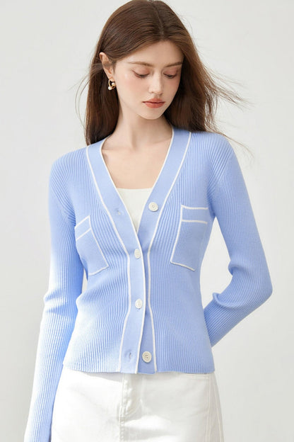 Knitted Contrast V-Neck Cardigan Top