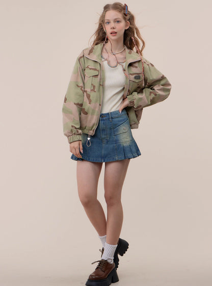 American Retro Green Casual Cargo Jacke