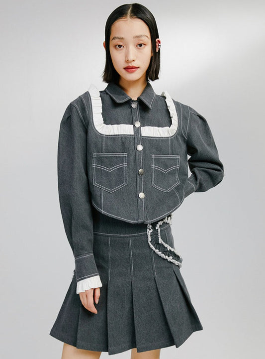 short thin jacket + denim pleated skirt set