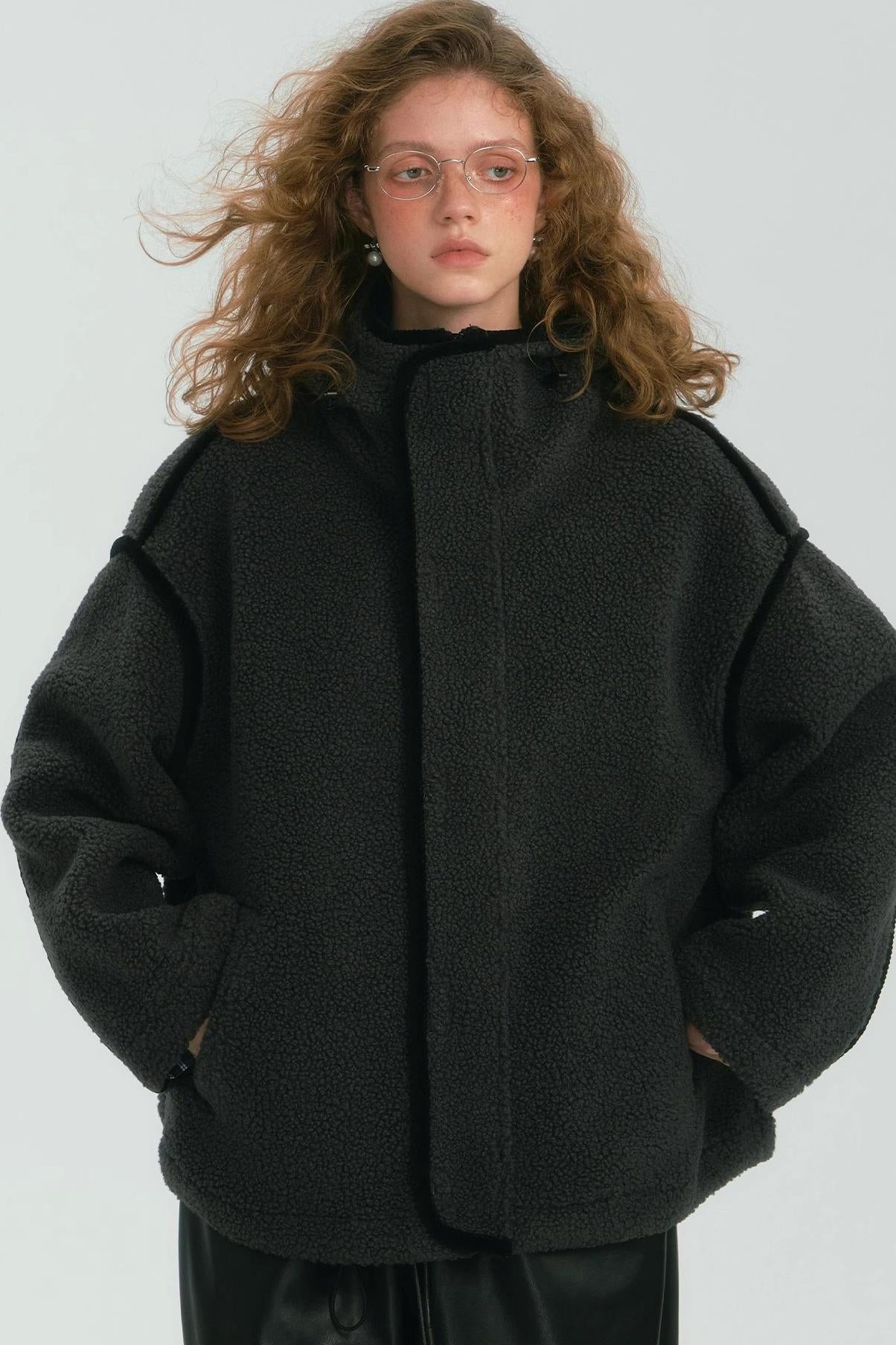 Contrast Piping Fleece Coat