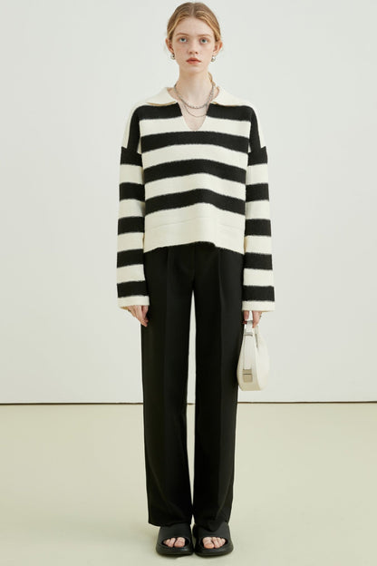 Striped Polo Collar Knit Sweater