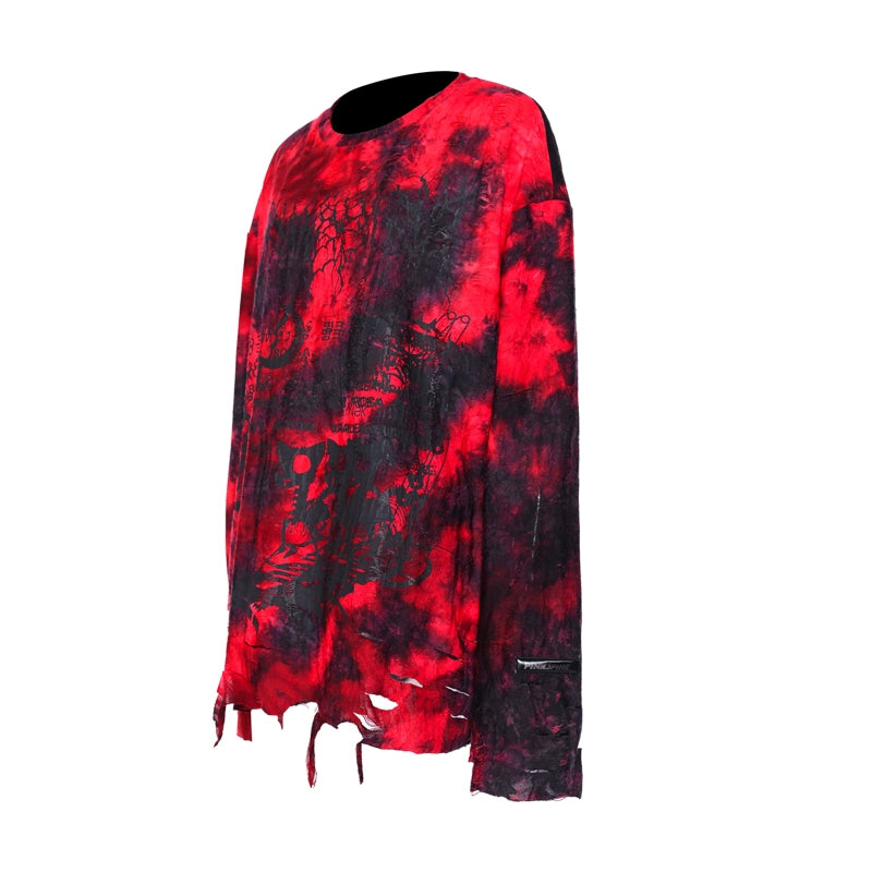 PINKSPINK|1111 NEW|ORIGINAL Electric Moon Dark Destruction Red & Black Tie-Dye Rock Punk Print Long T-Shirt