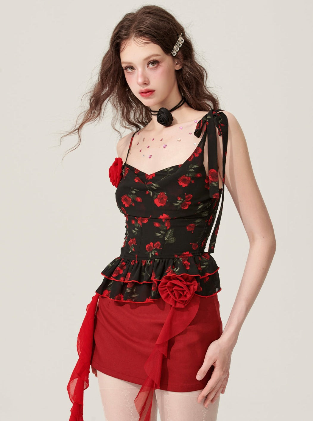 Black Floral Suspender Top