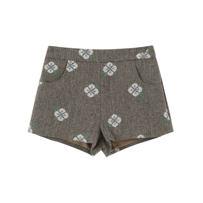 Retro Embroidery Tweed Fur Shorts Set-Up