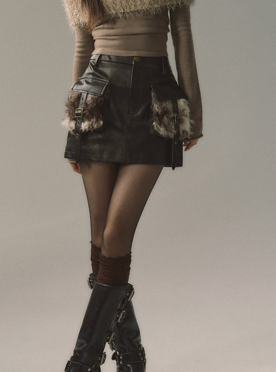 black fur patchwork leather skirt