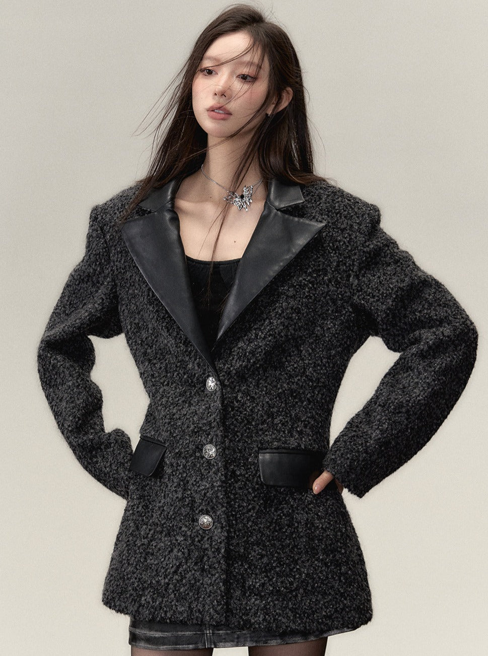 loose pu leather panel lapel blazer jacket