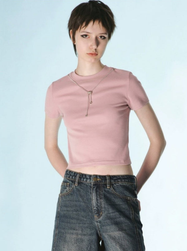 Embellished Chain Crew Neck Slim Short T-Shirt