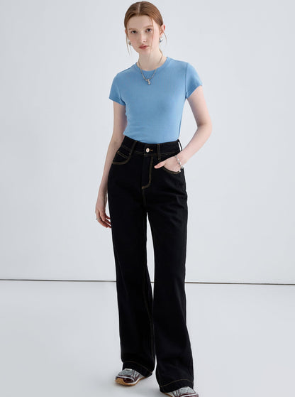 Mid-high waist straight wide-leg pants