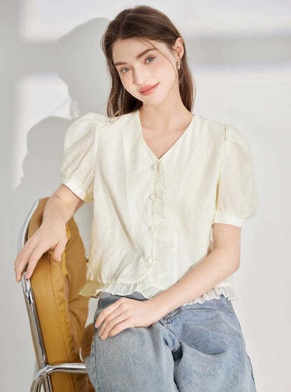 Chiffon Temperament V-Neck Ruffle Top