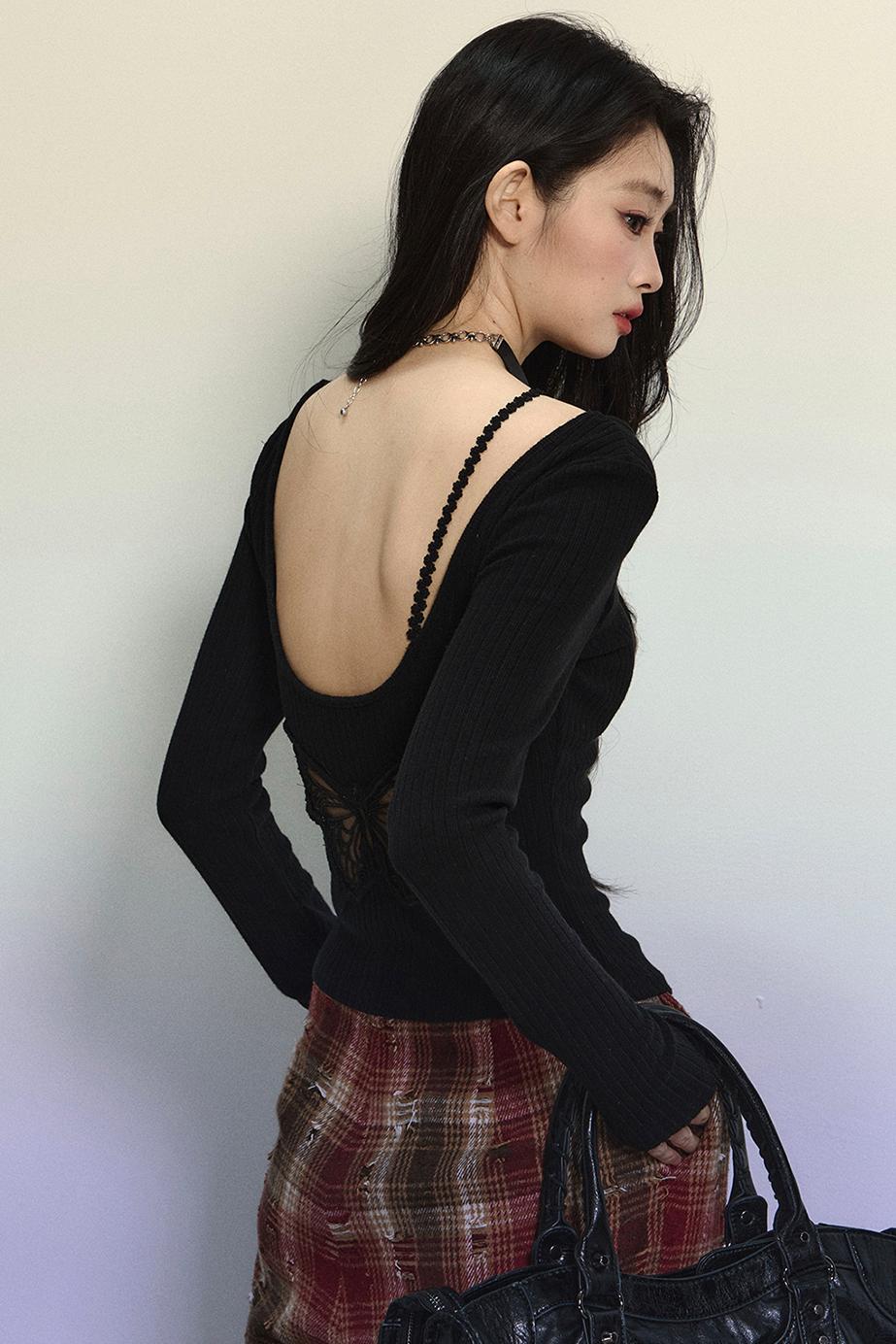 Crimson Lace Embroidered Backless Sweater