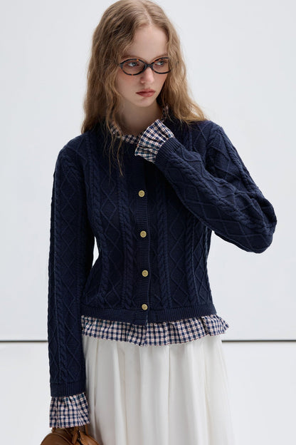 Check Stitching Knitwear College Top