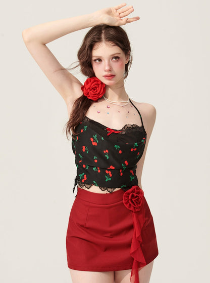 Red Tea Rose Halterneck Black T-Shirt