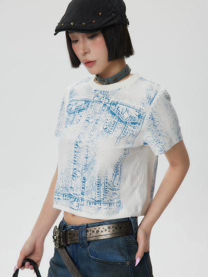 American Retro Denim Print Sleeve T-Shirt