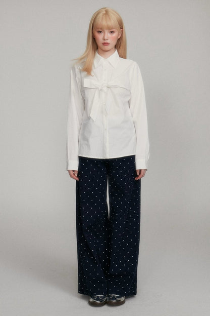 Lost Forest Good match lace dark blue polka dot pants Sweet girl looks thin and shows high wide-legged mop pants new products