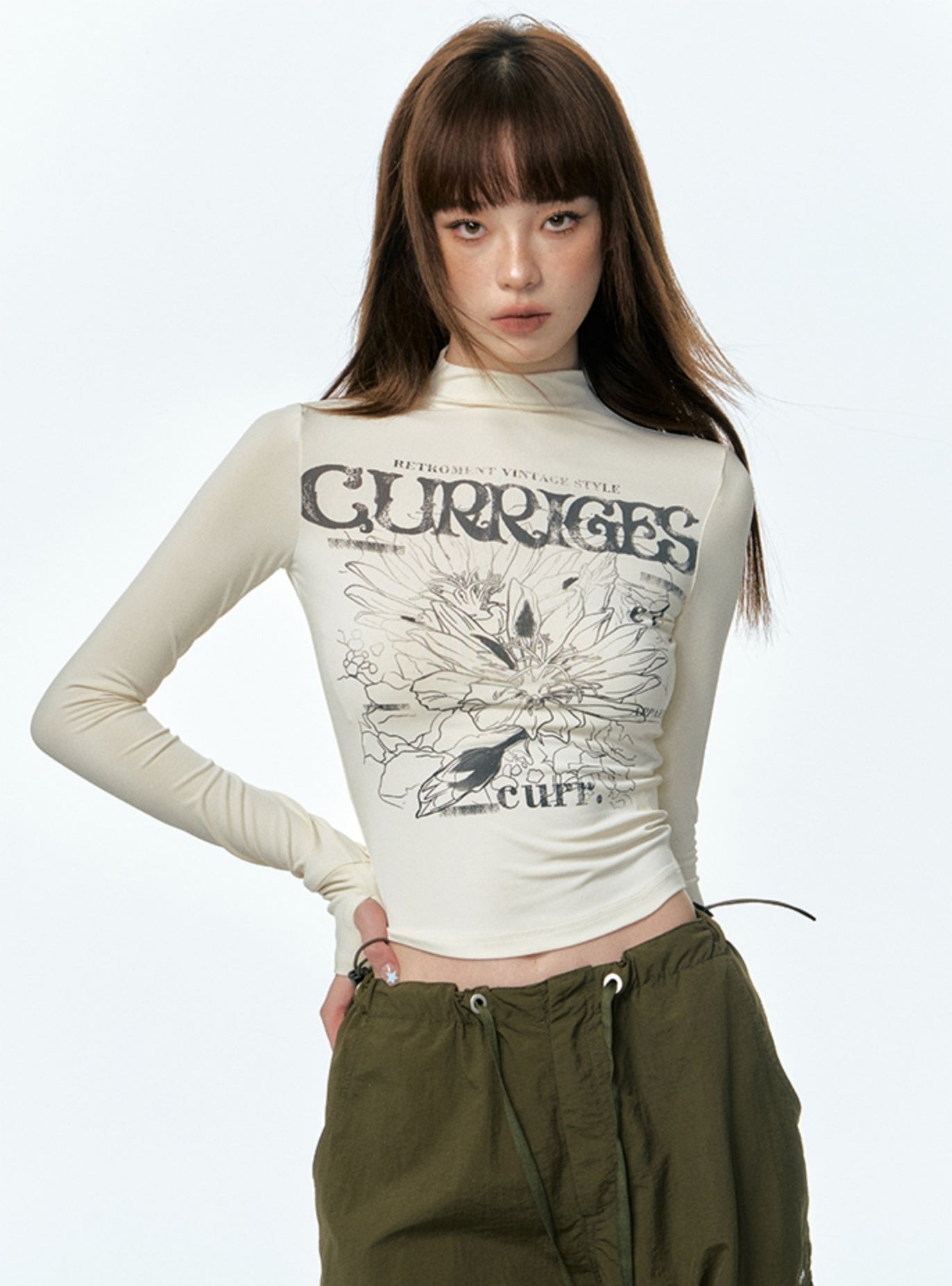 Vintage Print Half-Turtleneck Base Layer T-Shirt