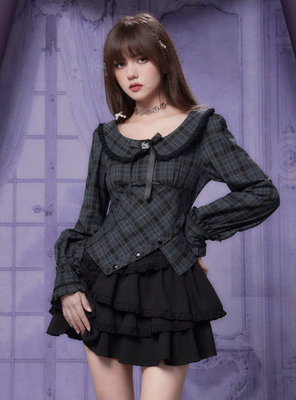 Doll Collar Long Sleeve Plaid Top