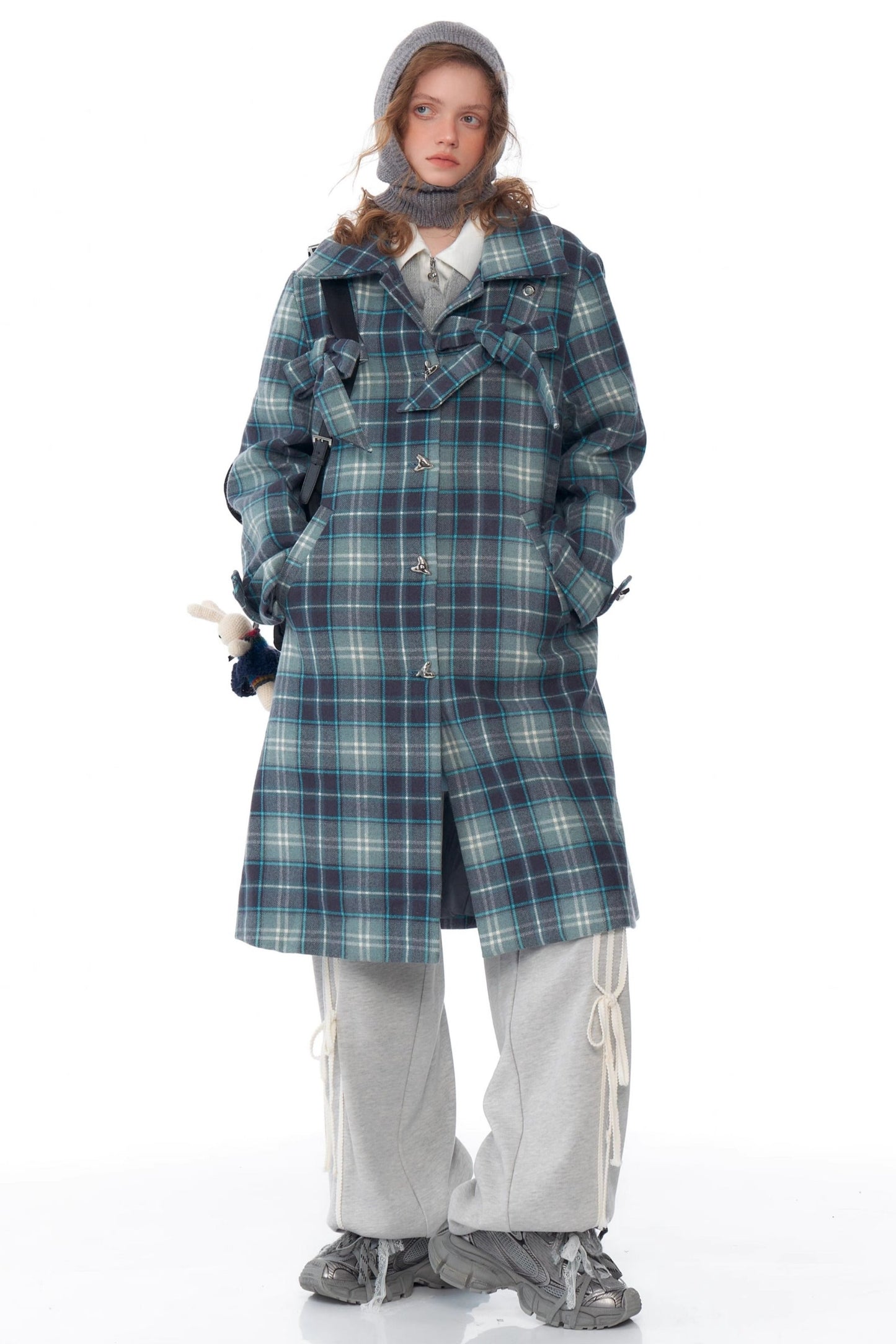 ziziFei autumn and winter American retro sense of luxury mid-length bow blue tartan coat jacket women