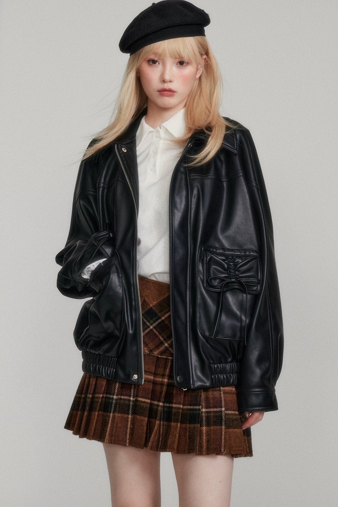 Bow Drawstring Leather Jacket