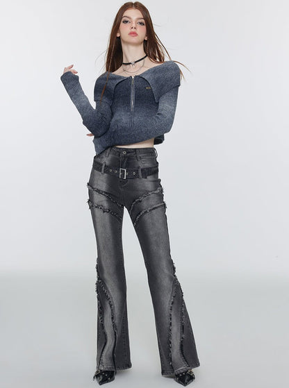 One-Shoulder Gradient Cropped Knit Long-sleeved Top