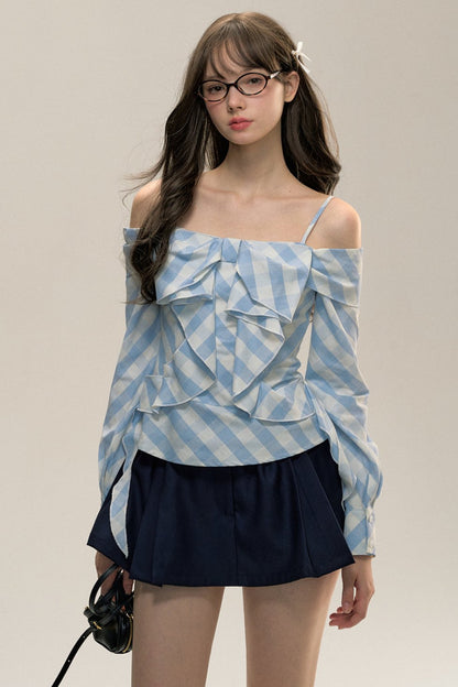 Blue Check Bow Straight Shoulder Top