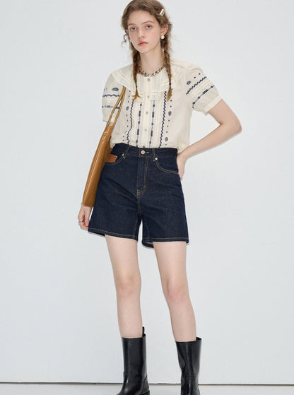 Embroidered Shirt & Denim Shorts Set-Up