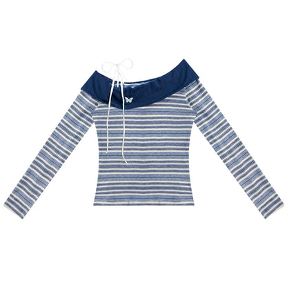 Dark Blue Stripe One-Shoulder Shirt