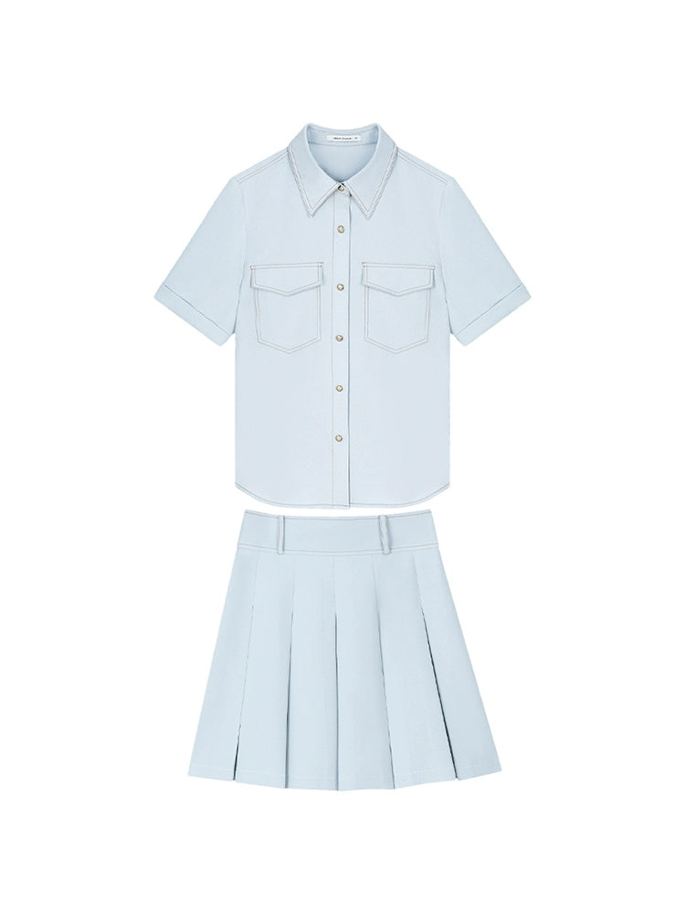 Short Sleeve Shirt Pleated Skirt Set-Up