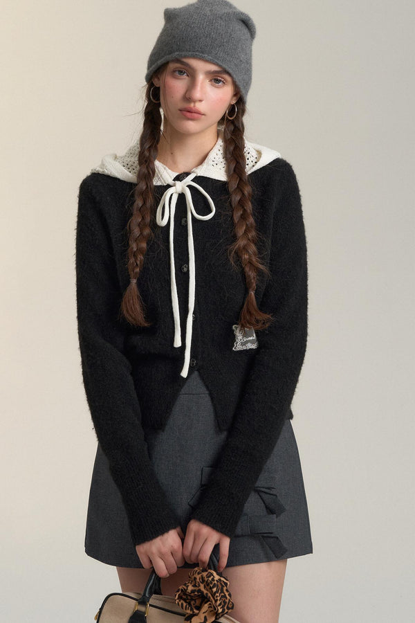 Cut-Out Hooded Knit Cardigan