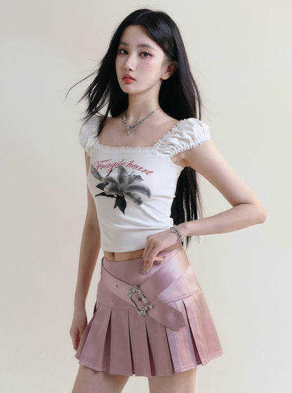 [Stock] fragile store - 100 days lily print slim T-shirt kurzarm slim shoulder top