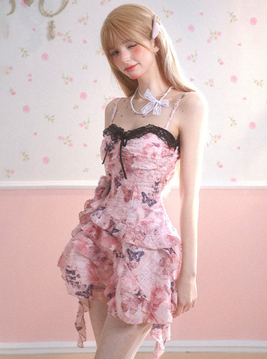 Weniger auch Auge Halbinsel rosa rosa Schmetterling Kleid Frauen Sommer chic schöne Sommerkleid kurzen Rock Kuchen Kleid