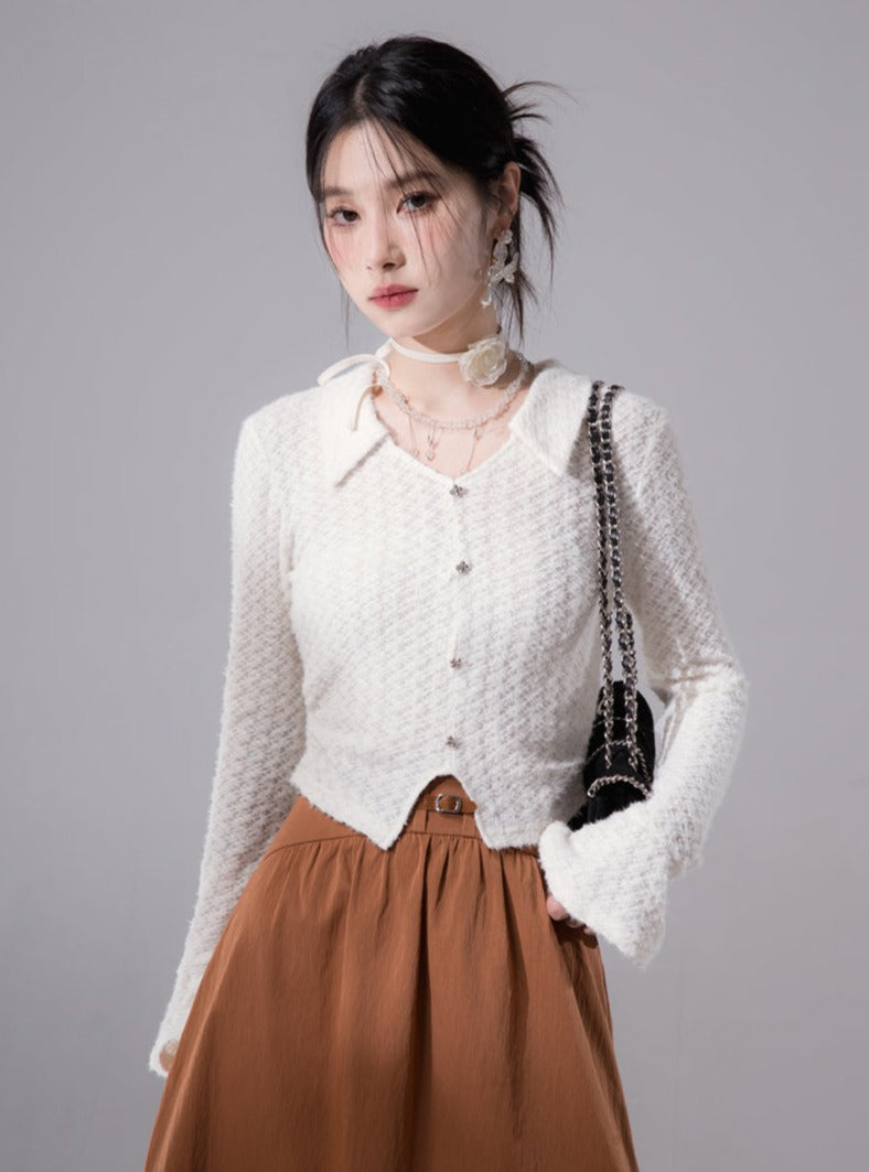 Velvety lace bridging cut-out knit top