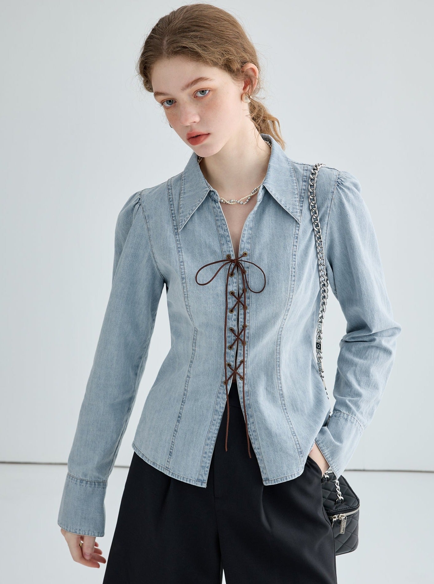 Strappy Washed Denim Slim Shirt