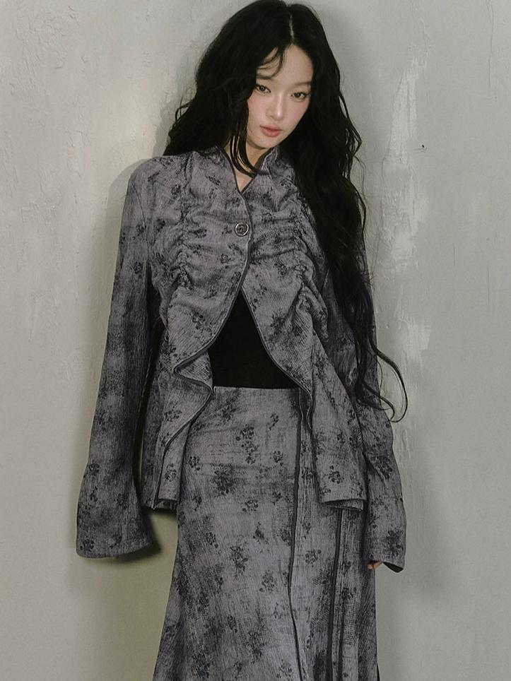 Textured Chinese Jacket & Skirt Set-Up