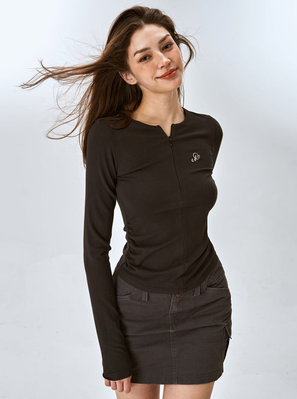 American Retro Round Neck Half-Pull Slim Top
