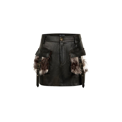 black fur patchwork leather skirt