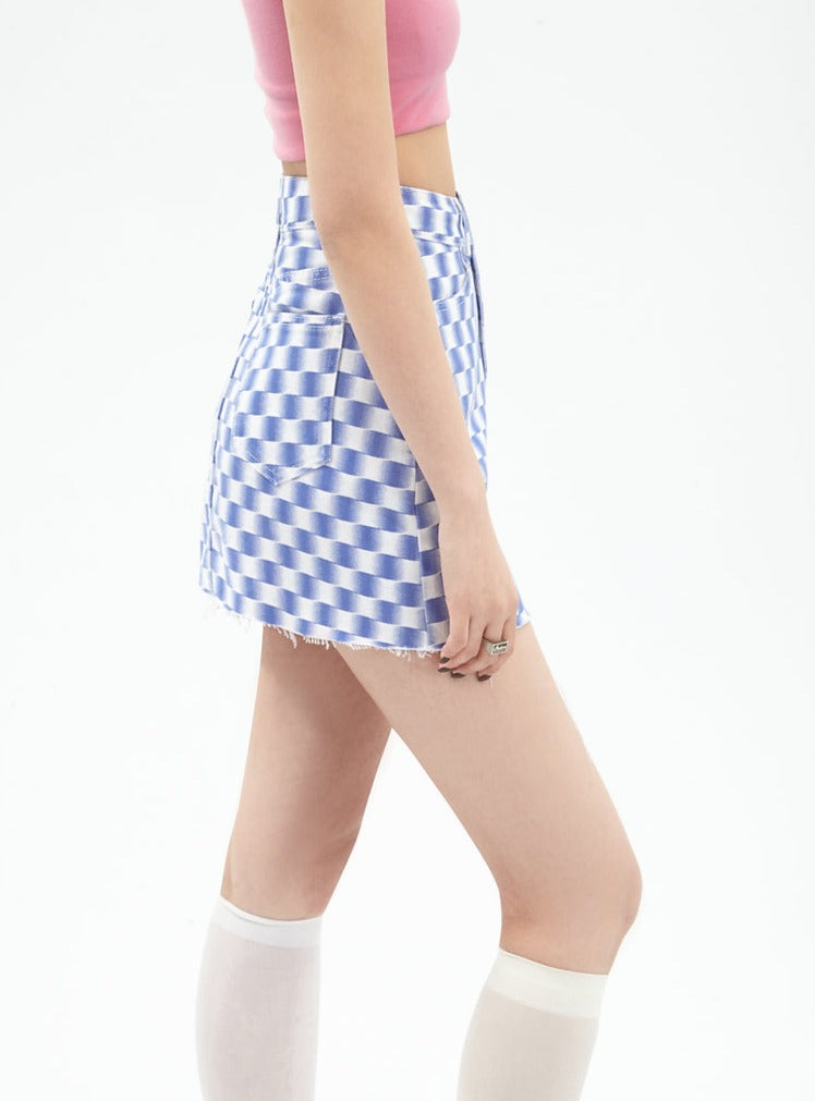 Vintage Plaid Slim A-line Denim Short Skirt