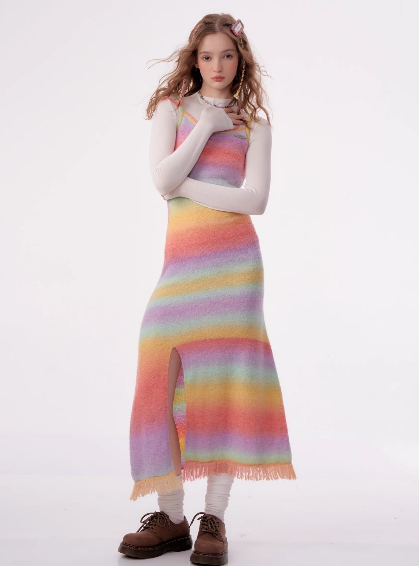 American retro slim rainbow knit bottom long Dress