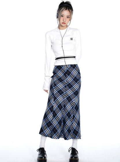 Retro Plaid Fishtail Long Skirt