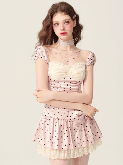 Weniger auch Auge Pulver Nebel Prise weiß rosa Kleid Frauen Sommer Taille a-line dünne Polka Dot Französisch süßen Rock