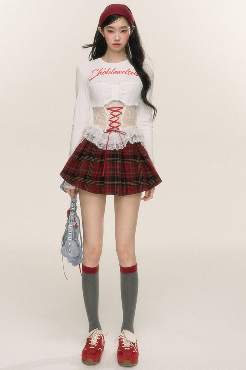 [On sale at 20 o'clock on 26th September] less also eye Scottish love poems red plaid lace skirt women's early autumn