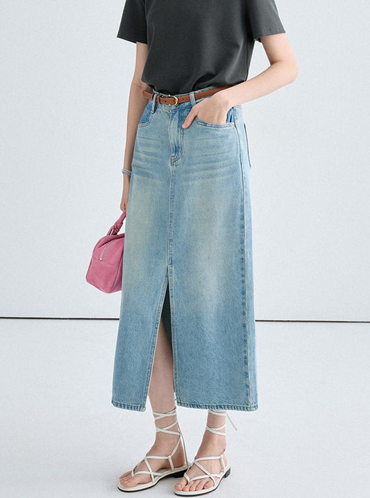 Front Slit Denim Maxi Skirt