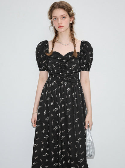 Puff Sleeve Slim French Black Flowers Maxi Dress
