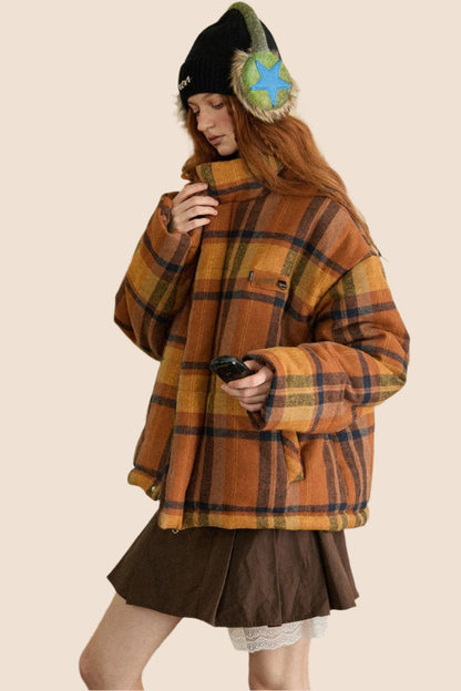 EZEK American Retro Plaid Stand Collar Down Cotton Jacket Women's Autumn and Winter New Loose Warm Bread Jacket Contrast Jacket