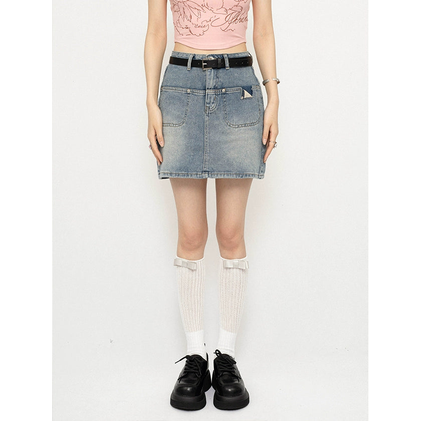 Pocket Slit Flap Design Denim Skirt